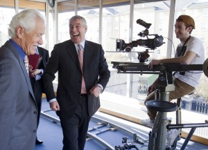HRH The Duke of York shares a lighthearted moment during his visit to SAE Institute Oxford for the official opening of SAE's World Headquarters and campus.