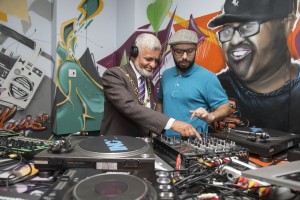 The Lord Mayor of Oxford, Councillor Mohammed Niaz Abbasi pictured during the official launch of Energy Groove Radio at SAE Institute Oxford chats with audio staff member Nick Elia.